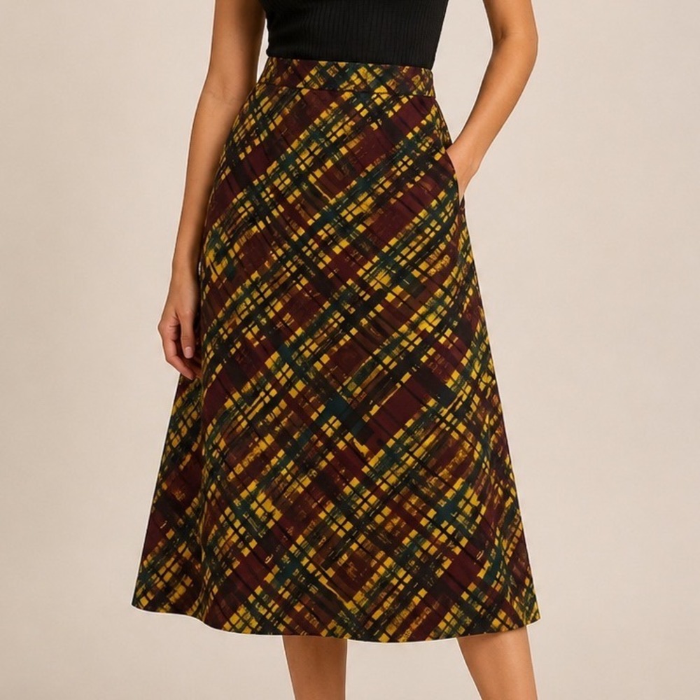 Chaus Womens Size 12‎ Abstract Plaid Midi Skirt Yellow Burgundy A-Line Lined v2